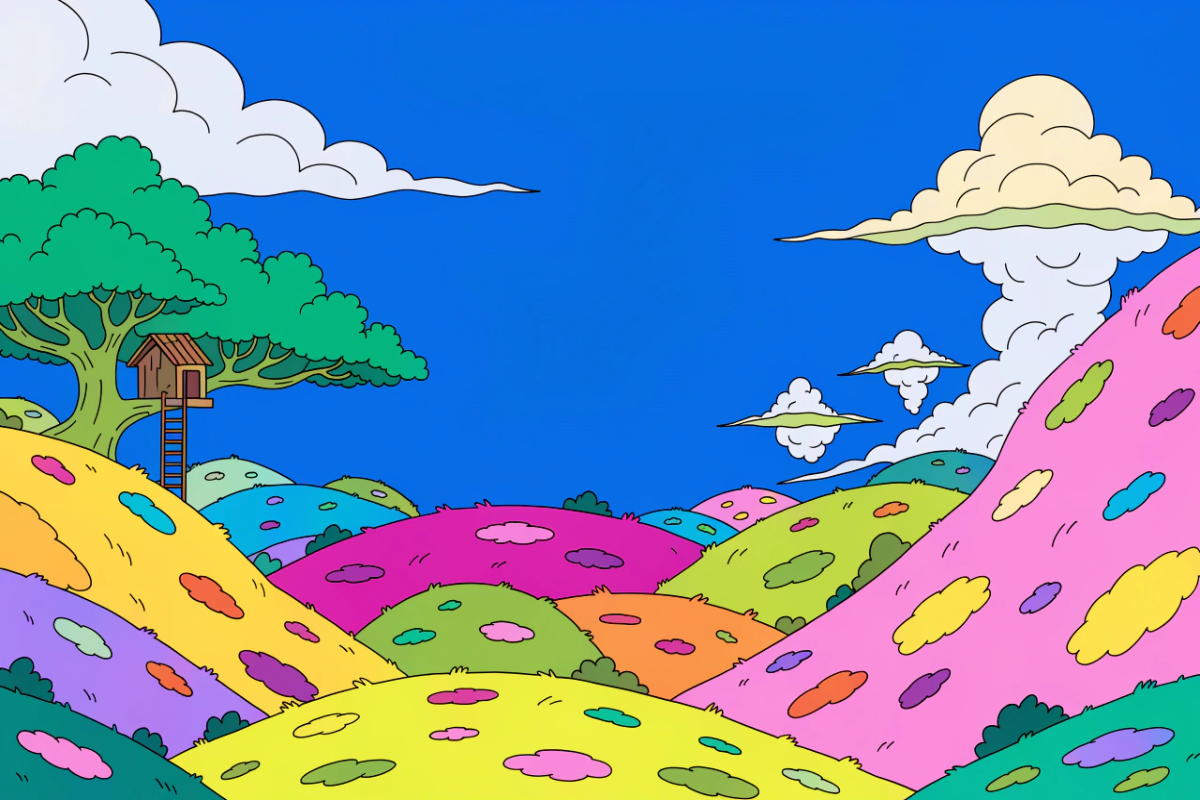 Un paysage de dessin animé avec collines colorées et cabane dans un arbre
