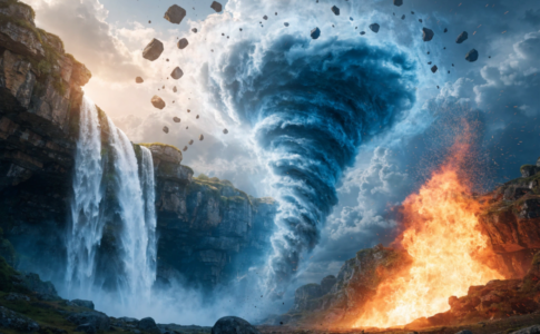 Paysage fantastique avec cascade, flamme, tourbillon de vent et rochers flottants
