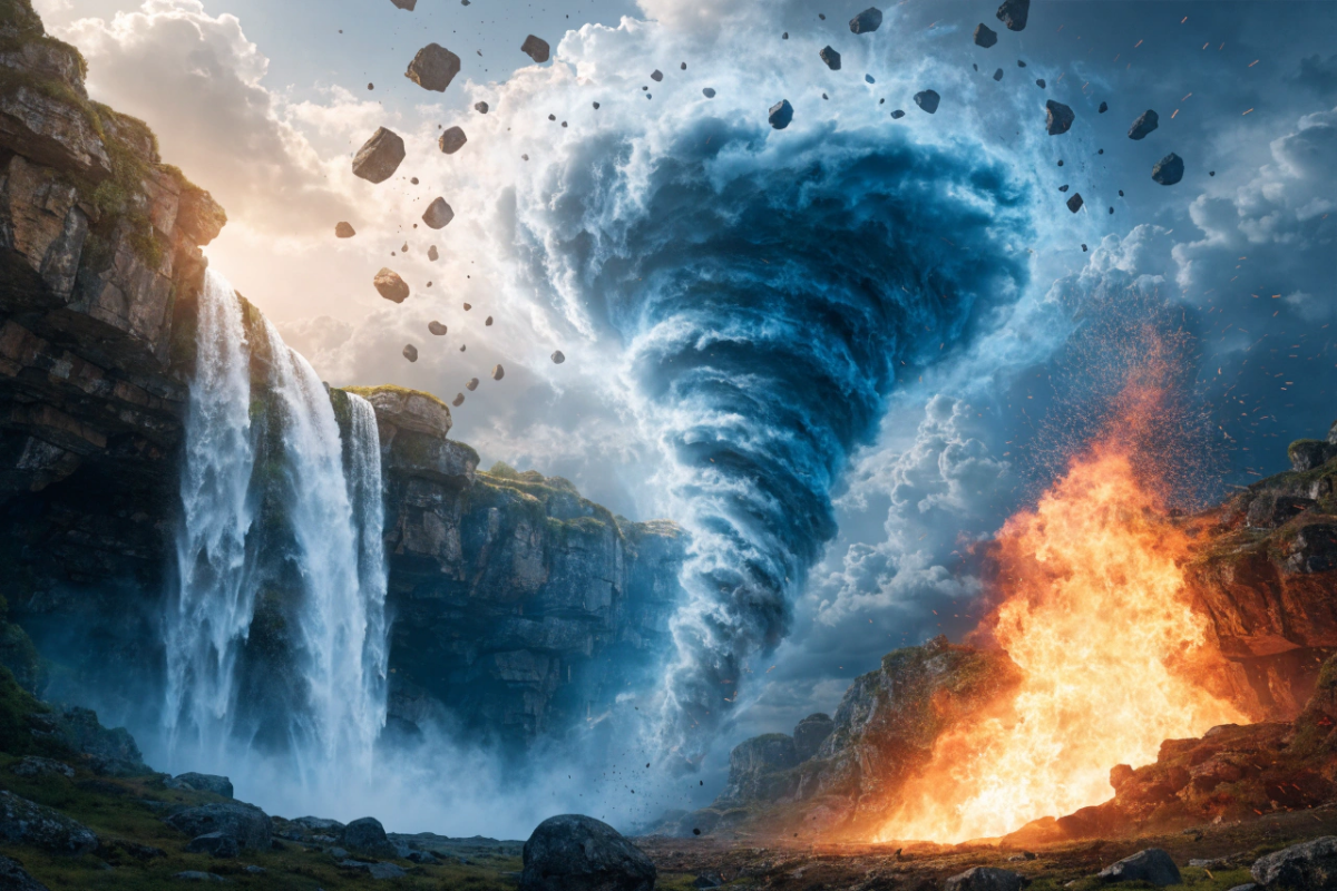 Paysage fantastique avec cascade, flamme, tourbillon de vent et rochers flottants
