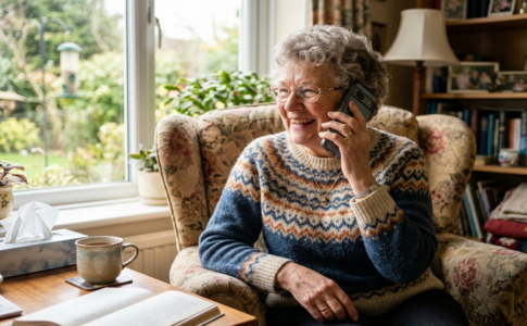 Femme âgée souriante au téléphone portable dans son fauteuil.