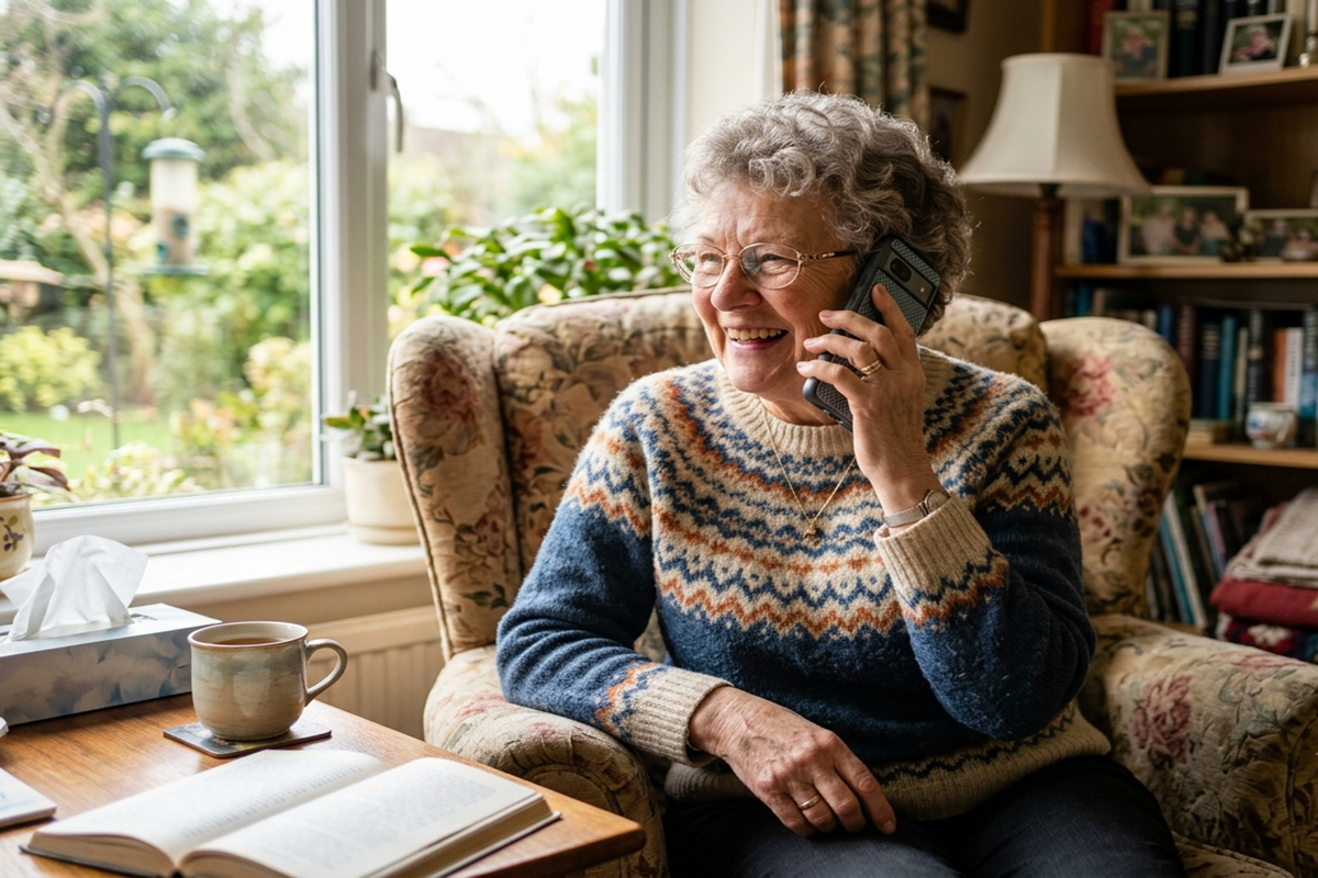 Femme âgée souriante au téléphone portable dans son fauteuil.