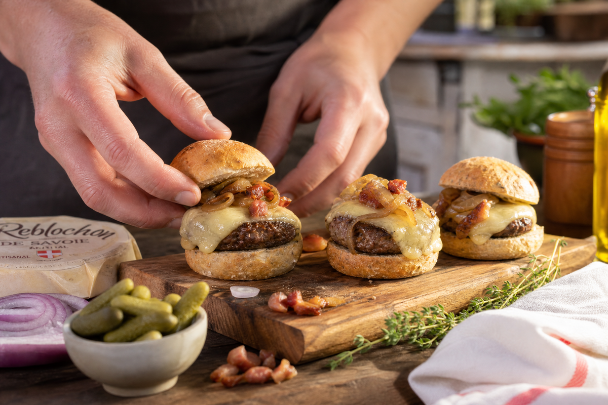 Une personne en train de préparer des mini burgers montagnards.
