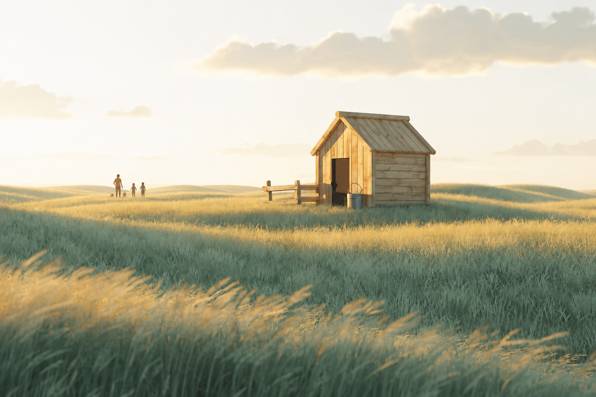 Une maison dans la nature et une famille au loin rappelant La Petite Maison dans la prairie