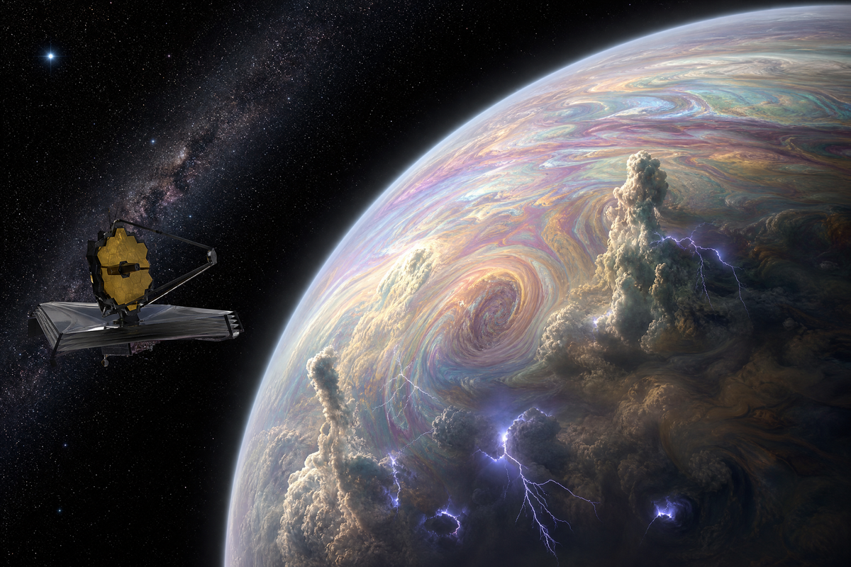 Une exoplanète aux nuages multicolores et tempêtes électriques.