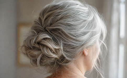 Vue arrière de la coiffure d'une femme aux cheveux gris et blancs.