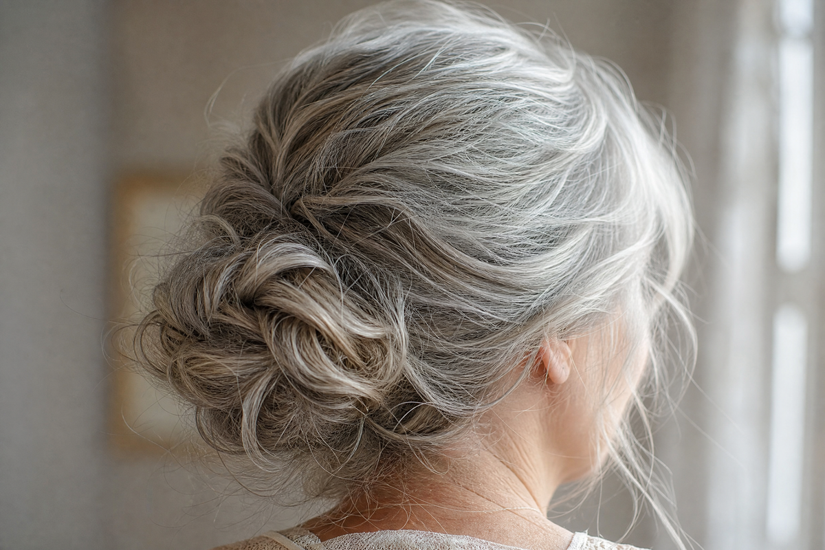 Vue arrière de la coiffure d'une femme aux cheveux gris et blancs.