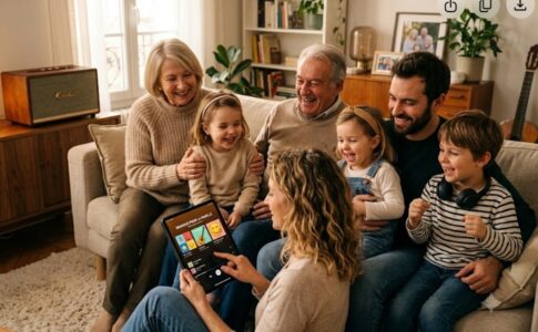 Une famille écoutant de la musique en ligne