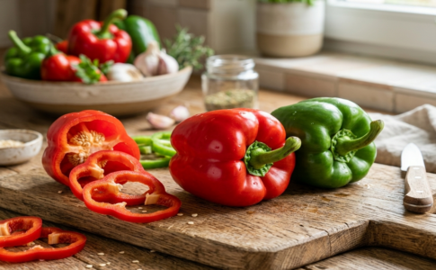 Poivrons rouge et vert frais sur une planche en bois.