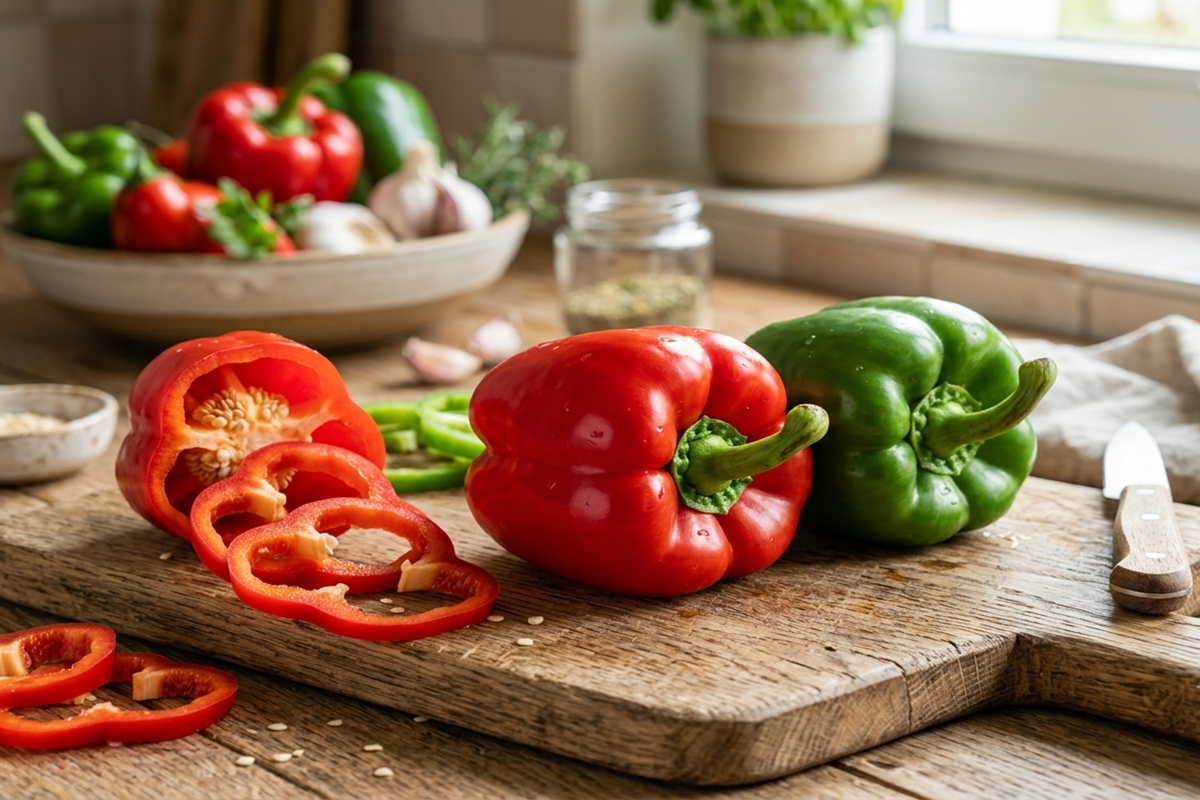  Poivrons rouge et vert frais sur une planche en bois.