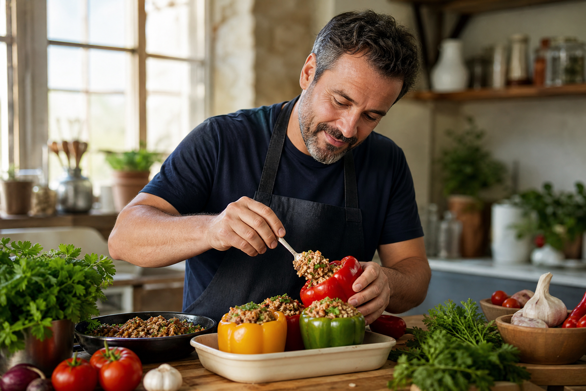 Un homme portant un tablier noir garnit un poivron rouge avec de la farce dans une cuisine lumineuse.