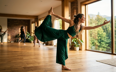 Une femme en tenue verte exécute la posture de yoga du Danseur (Natarajasana) dans un studio lumineux en bois.