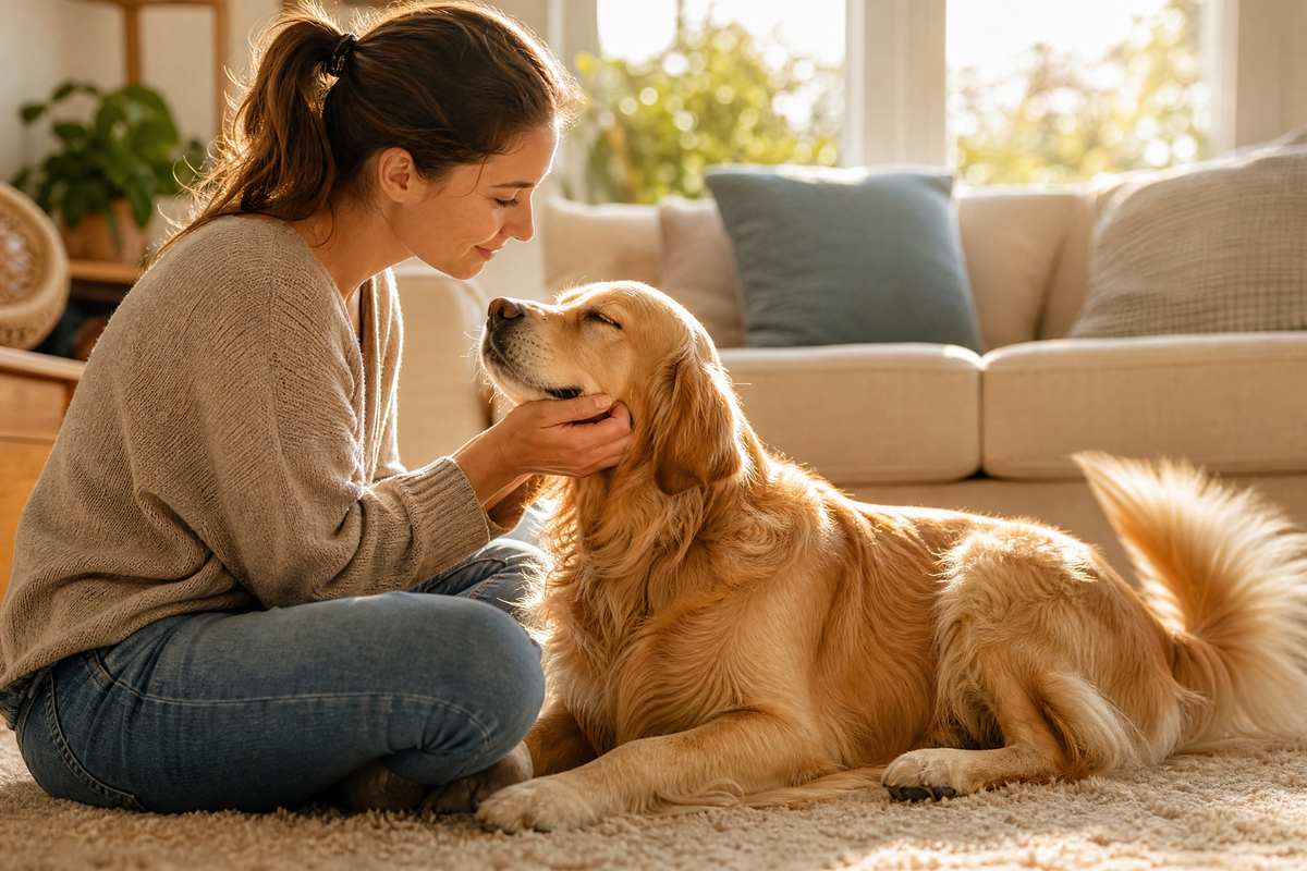Une femme caressant tendrement son chien dans son salon. 