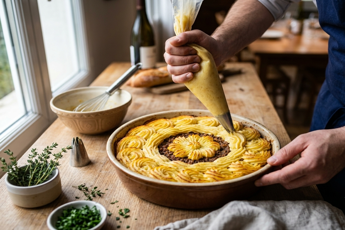Un chef poche de la purée en forme de fleur sur un hachis parmentier.