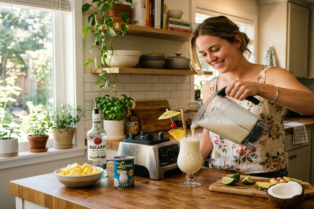 Une femme souriante verse une Piña Colada faite maison depuis un blender dans un verre garni d'ananas.