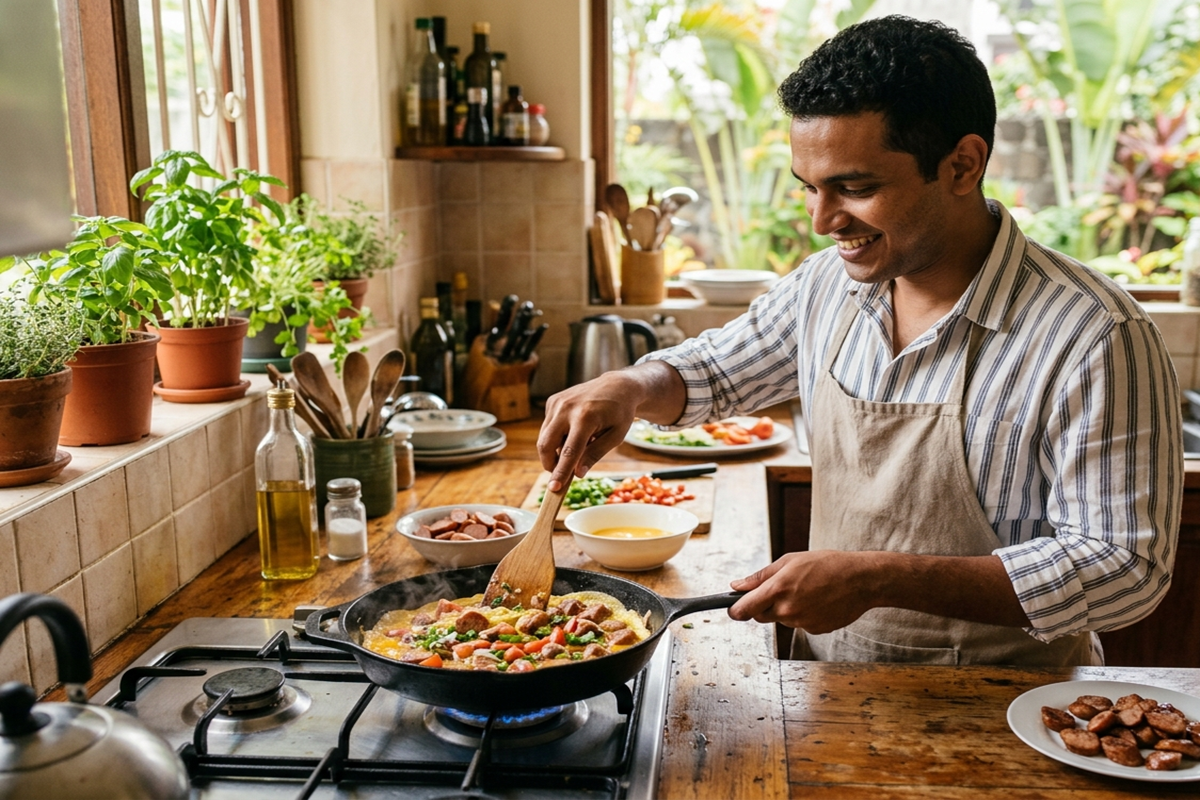 Un homme souriant en train de cuisiner une omelette aux saucisses dans une poêle sur une cuisinière à gaz.