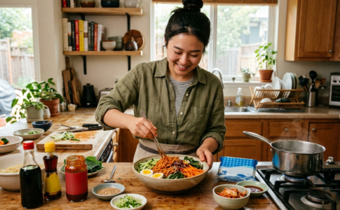 Une femme sourit en mélangeant des bibim ramen frais dans une cuisine lumineuse.