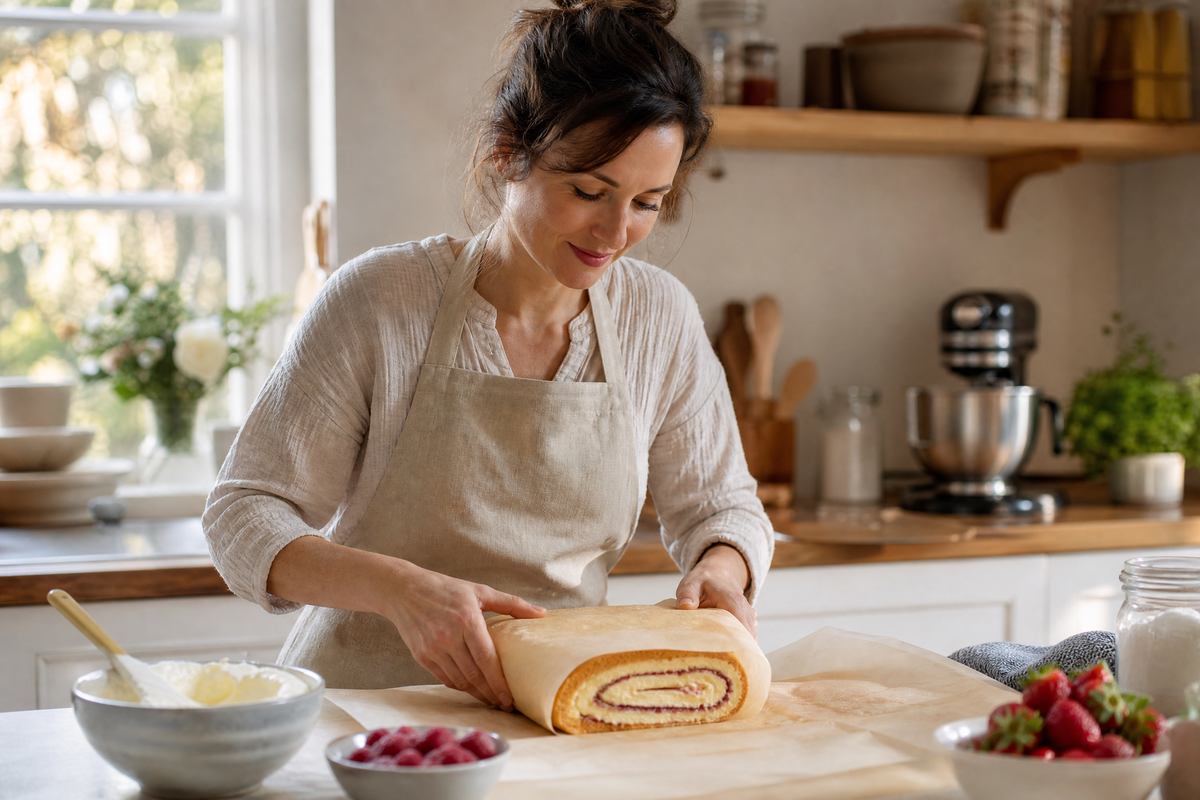 Un cuisinier étalant de la garniture sur la génoise d'un biscuit roulé.