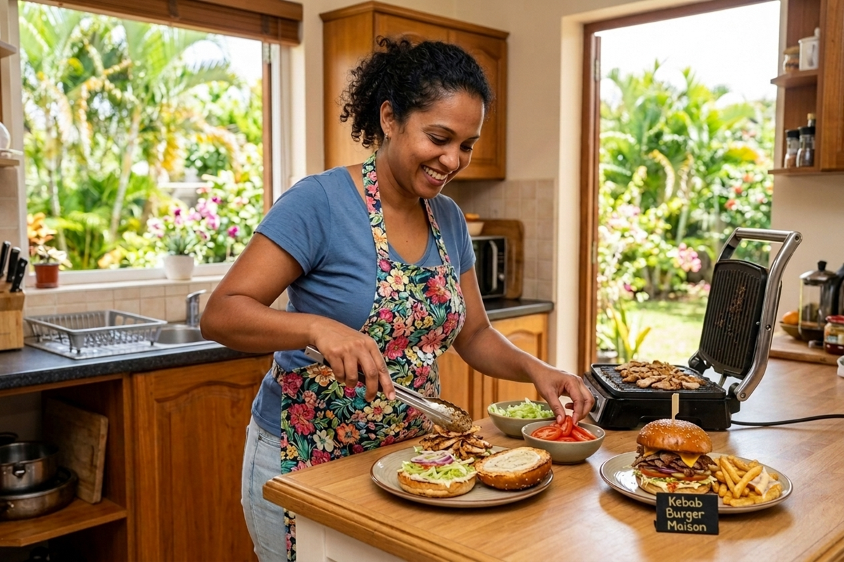 Une femme sourit en préparant un kebab burger maison avec de la viande grillée et des crudités.