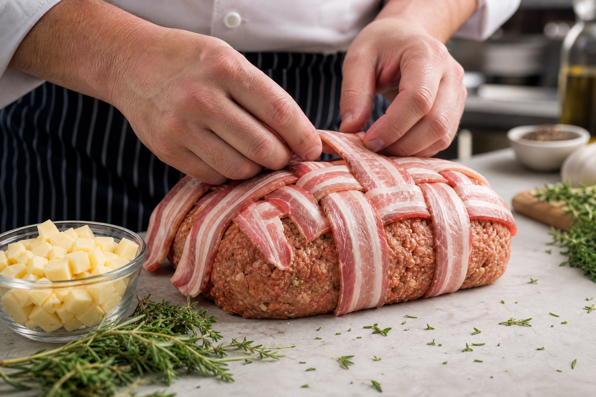 Un cuisinier préparant un cake salé en tressant des tranches de bacon sur le dessus.