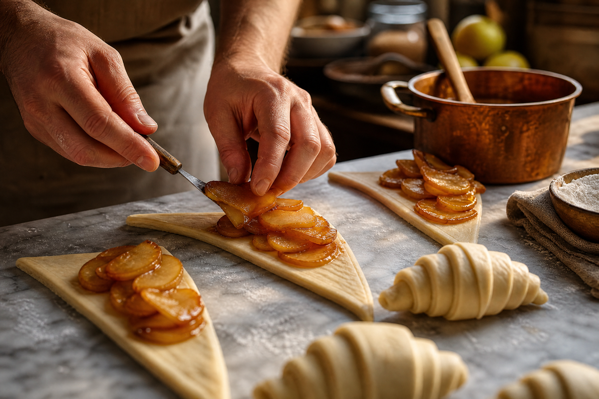 Pâtissier déposant des pommes caramélisées sur de la pâte à croissant. 