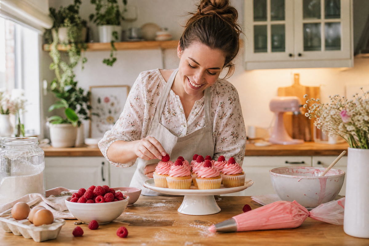 Une personne prépare et décore des cupcakes aux framboises dans une cuisine.