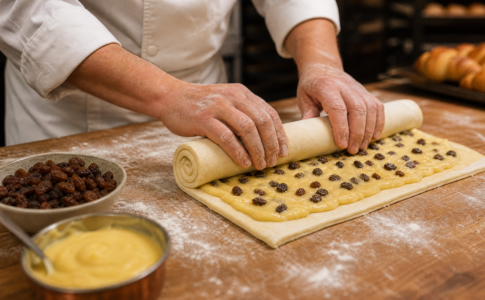 Un cuisinier préparant et roulant la pâte d'un feuilleté au raisin.