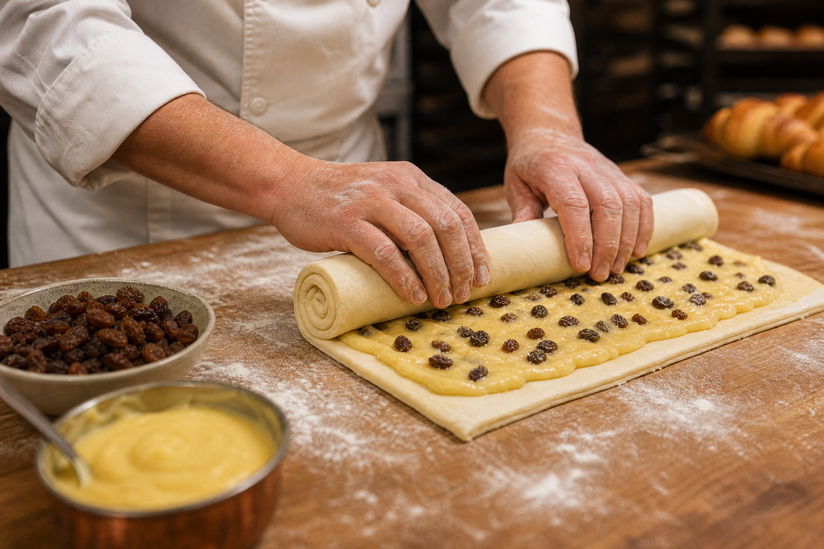 Un cuisinier préparant et roulant la pâte d'un feuilleté au raisin.