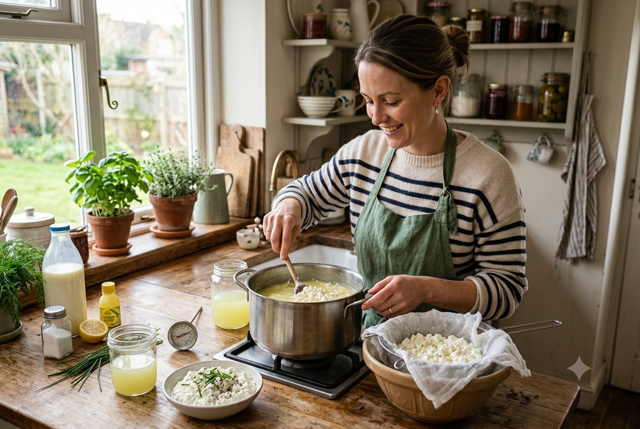 Une femme prépare du fromage cottage maison dans sa cuisine en mélangeant le caillé dans une casserole.