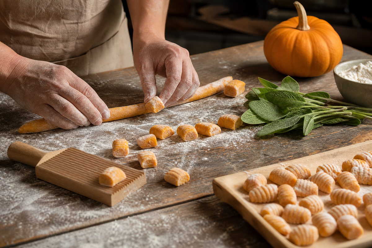  Mains d'un cuisinier façonnant des gnocchis à la citrouille sur un plan de travail fariné. 