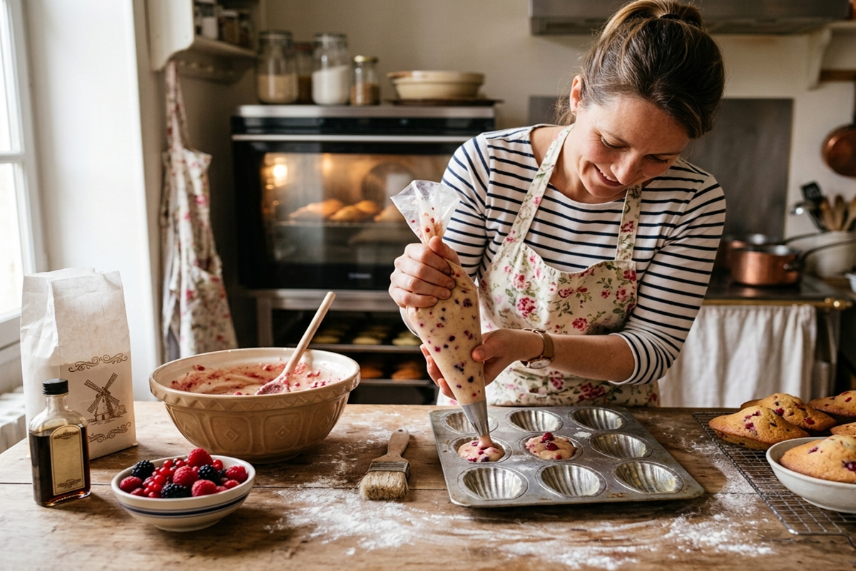 Une femme utilisant une poche à douille pour remplir un moule à madeleines de pâte aux fruits rouges.