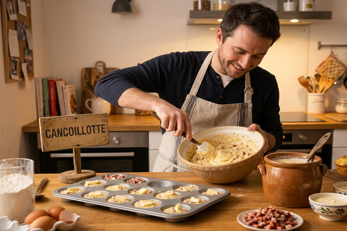 Homme souriant préparant de la pâte à muffins salés à la cancoillotte et aux lardons dans sa cuisine.