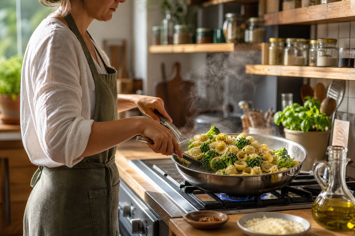 Une personne prépare une recette de pâtes aux brocolis dans sa cuisine.
