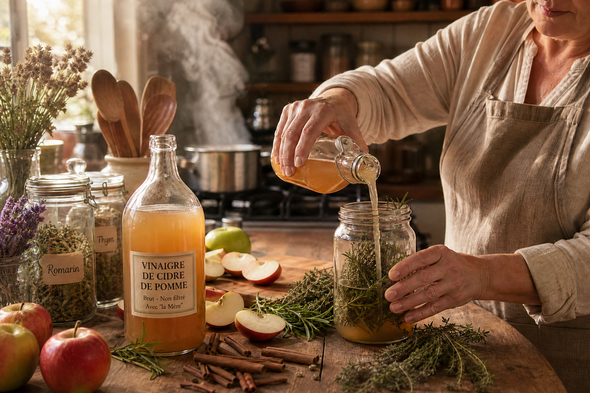Un cuisinier versant du vinaigre de cidre sur des herbes aromatiques dans un bocal en verre pour préparer un remède naturel.