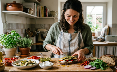 Une femme souriante prépare un sandwich aux courgettes grillées et légumes frais sur une planche de cuisine en bois.
