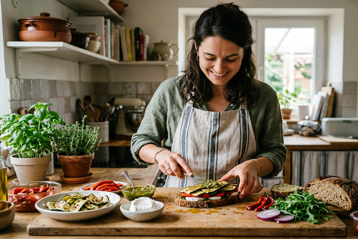 Une femme souriante prépare un sandwich aux courgettes grillées et légumes frais sur une planche de cuisine en bois.
