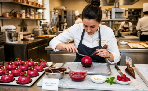 Pâtissière appliquant un glaçage brillant sur une sphère chocolat framboise en cuisine.