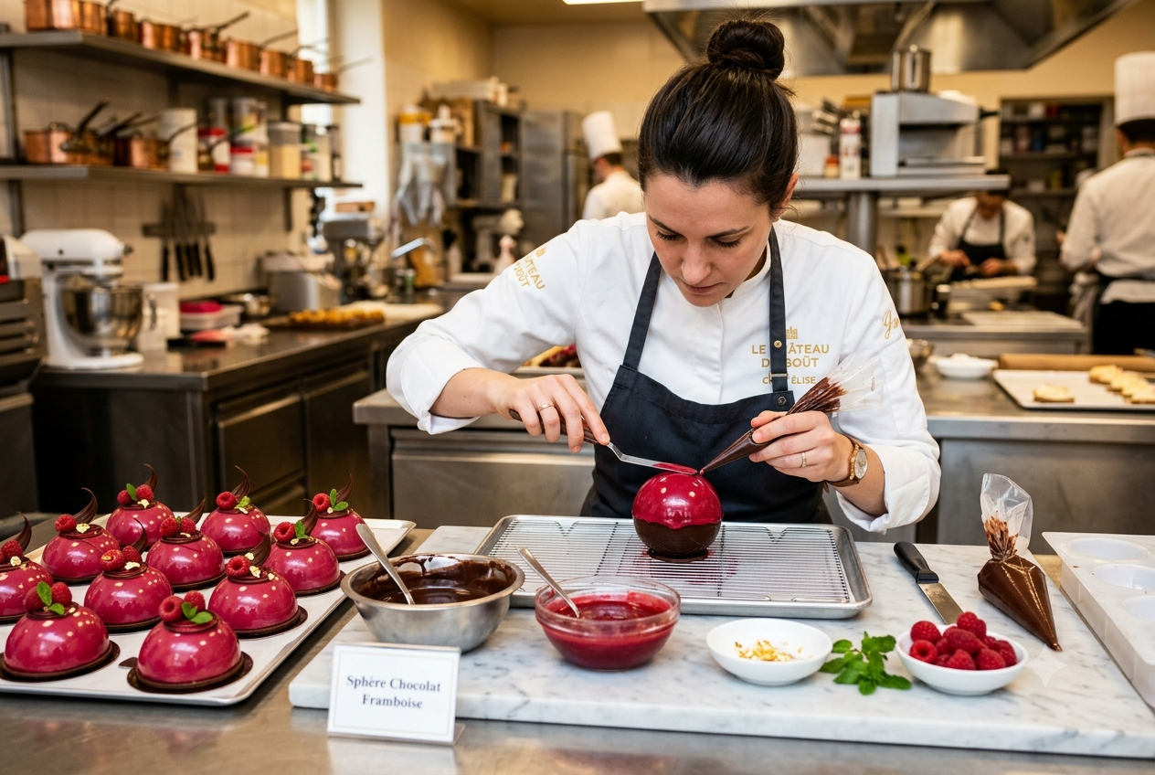 Pâtissière appliquant un glaçage brillant sur une sphère chocolat framboise en cuisine.