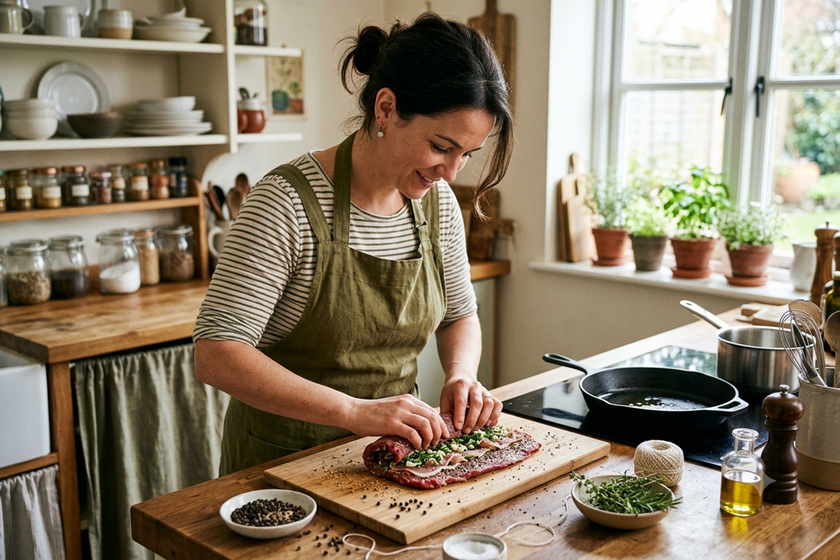 Femme roulant une pièce de bœuf garnie sur une planche de cuisine.