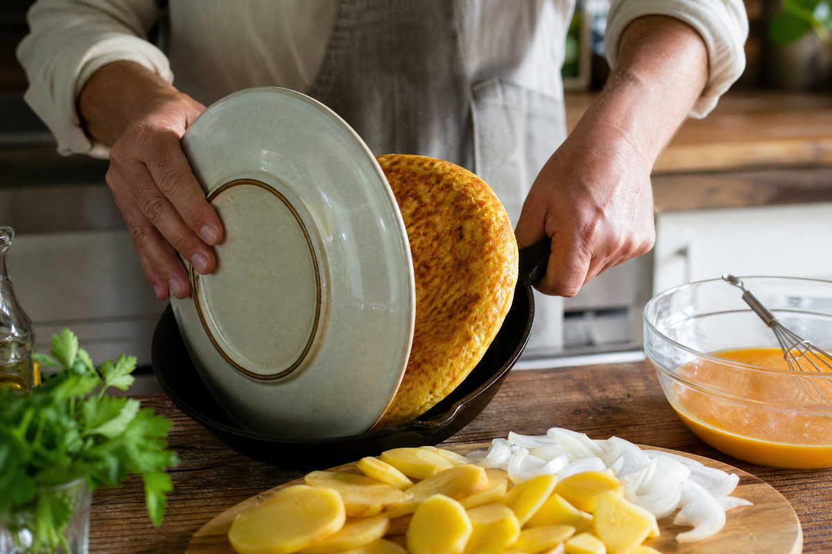 Un cuisinier en train de préparer une tortilla espagnole traditionnelle dans une poêle chaude.