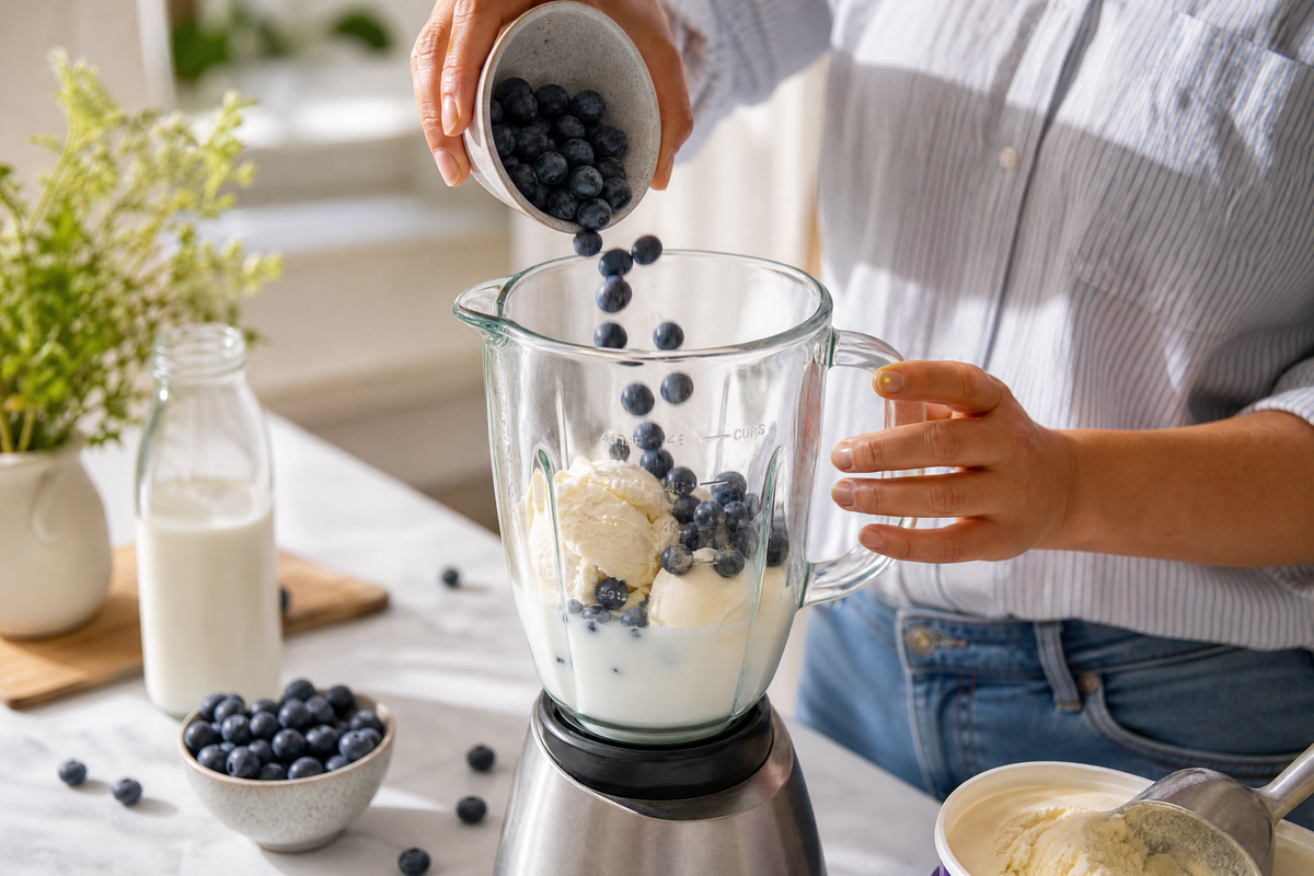 Un cuisinier versant des myrtilles fraîches dans un blender rempli de lait et de glace à la vanille.
