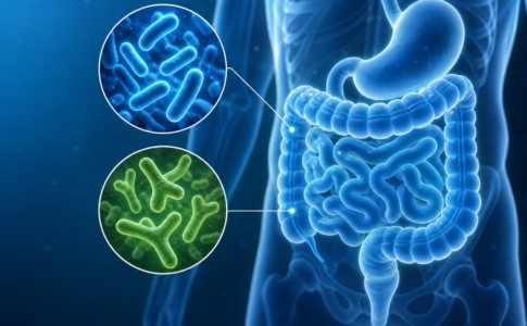 Illustration médicale montrant le système digestif et des bactéries probiotiques.