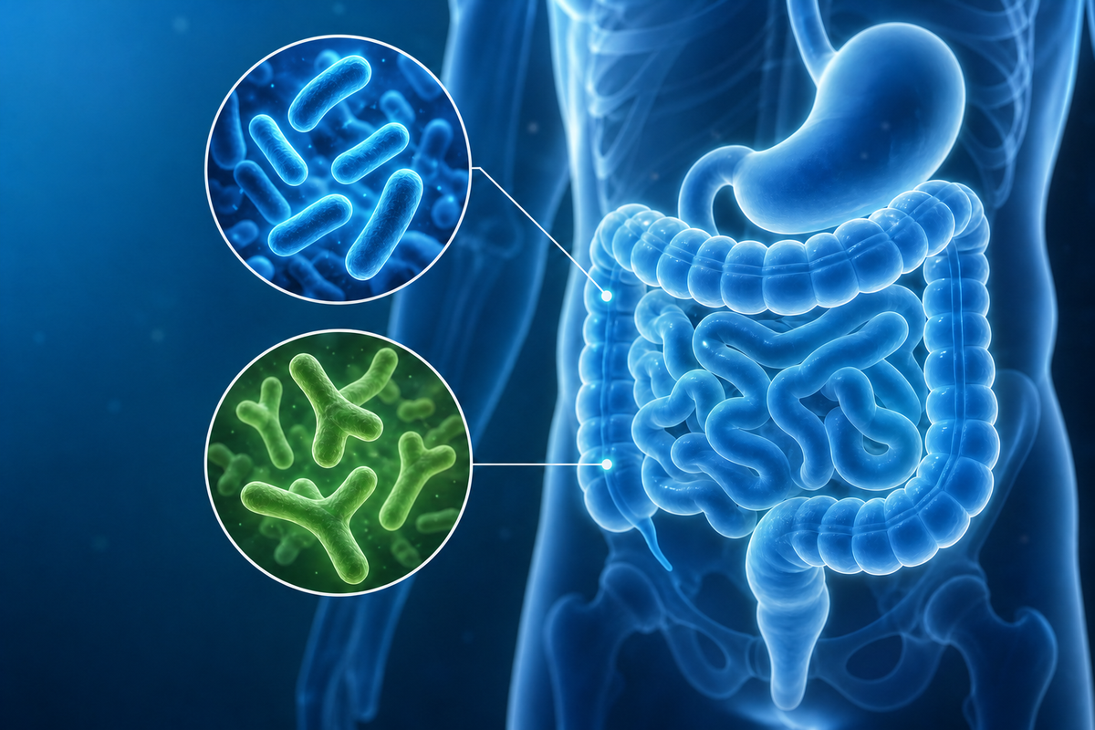 Illustration médicale montrant le système digestif et des bactéries probiotiques.