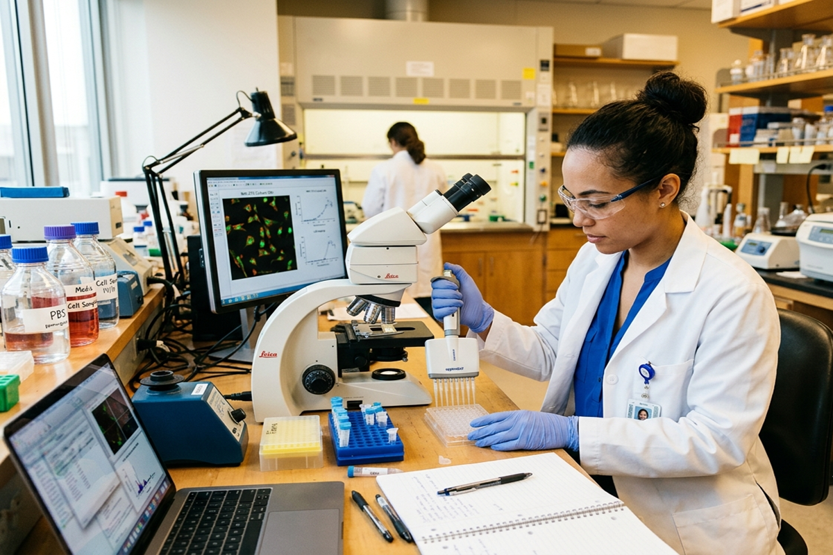 Chercheuse en laboratoire analysant des échantillons au microscope pour les neurosciences.