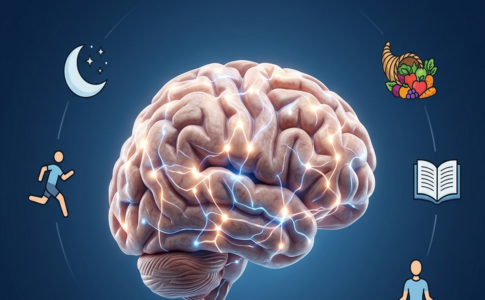 Cerveau humain lumineux entouré d'icônes d'habitudes de vie saines.