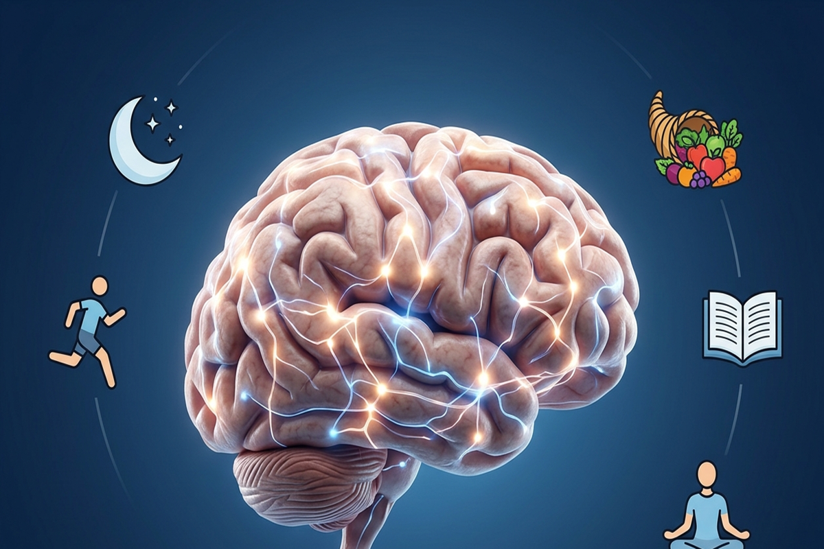 Cerveau humain lumineux entouré d'icônes d'habitudes de vie saines. 
