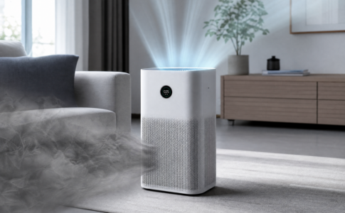 Un purificateur d'air aspirant de la fumée épaisse et diffusant de l'air purifié dans la pièce.