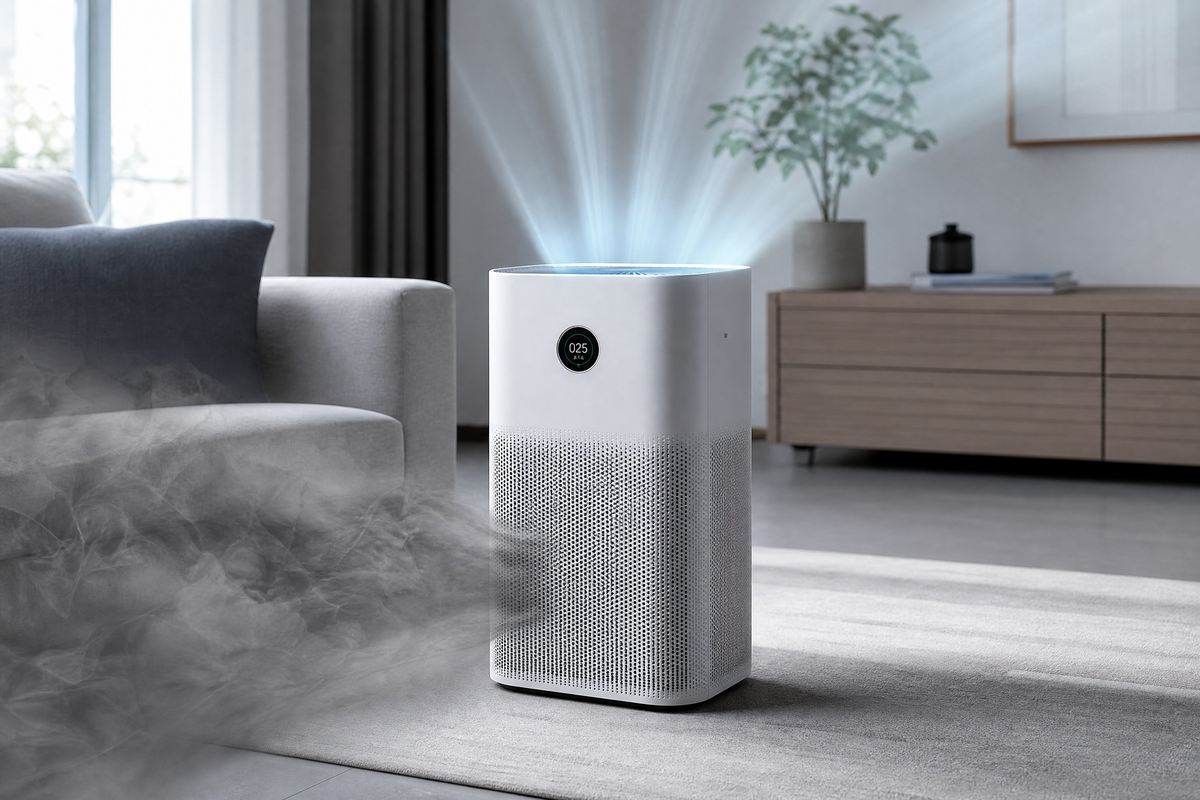 Un purificateur d'air aspirant de la fumée épaisse et diffusant de l'air purifié dans la pièce.