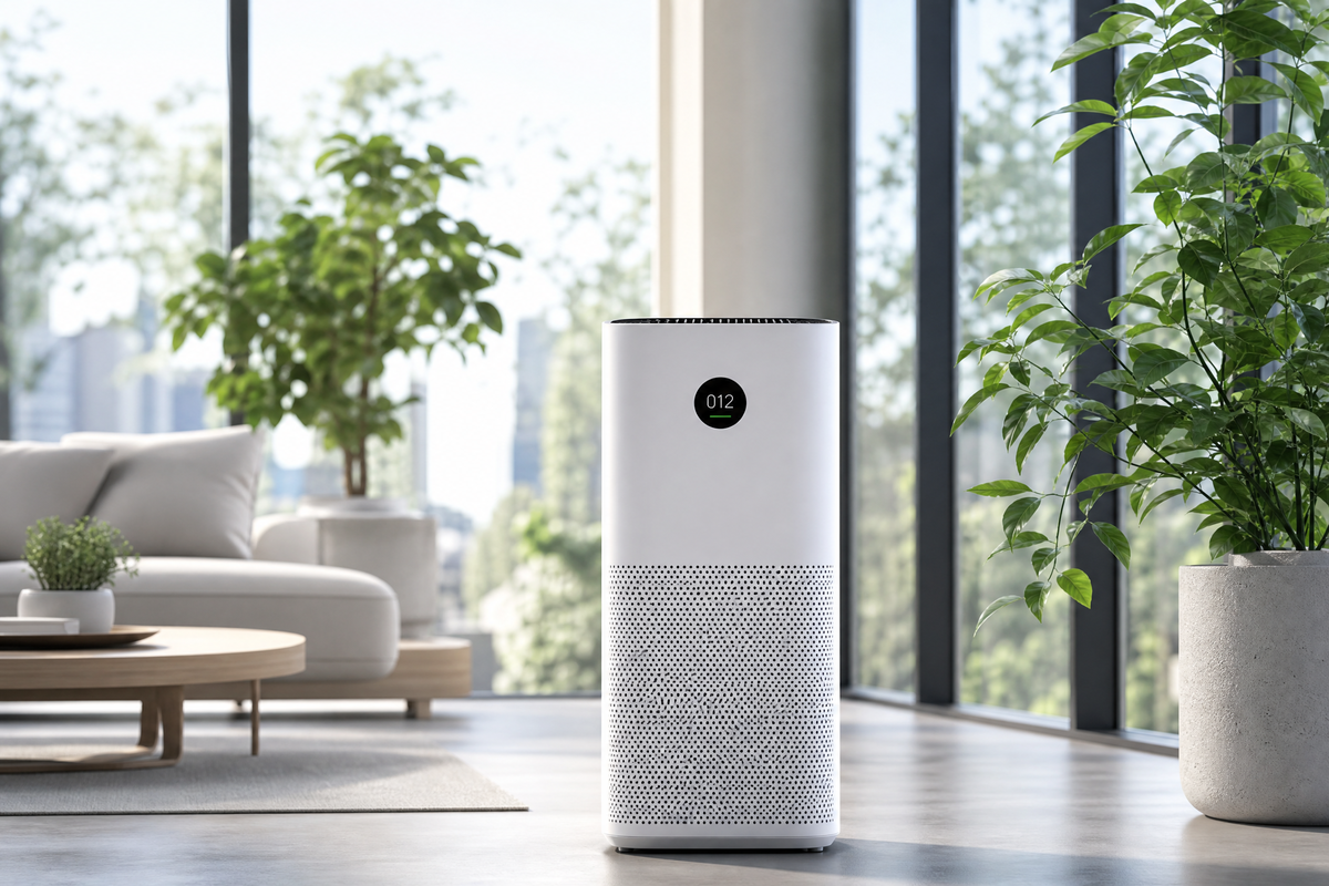 Un purificateur d'air blanc moderne fonctionnant dans un salon lumineux.