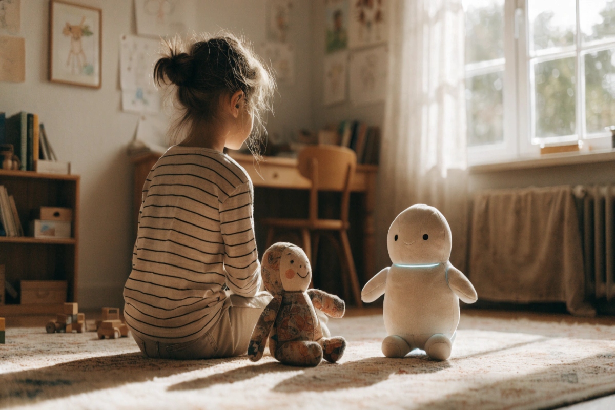 Une enfant assise avec des jouets IA