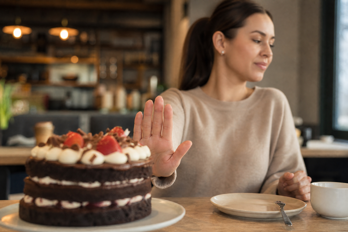 Femme refusant un gâteau au chocolat très sucré.